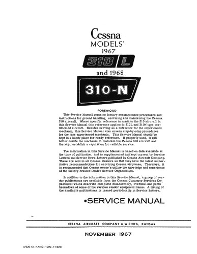 CESSNA MODEL 310L AND 310N 1967 AND 1968 SERVICE MANUAL D526-2-13 